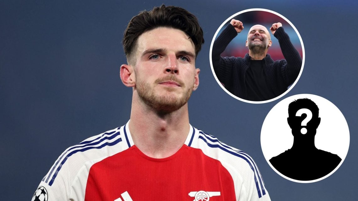 Arsenal's Declan Rice looking on (main image) with insets of mystery player (right corner) and Pep Guardiola smiling after Manchester City's FA Cup...