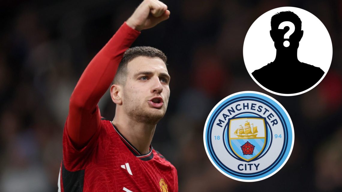Manchester United's Diogo Dalot looking happy (main image) with inset of mystery player (top right corner) and Manchester City badge (bottom right)