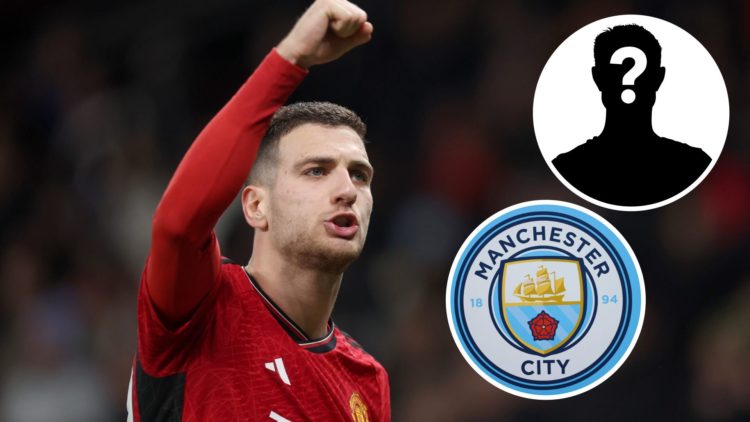 Manchester United's Diogo Dalot looking happy (main image) with inset of mystery player (top right corner) and Manchester City badge (bottom right)
