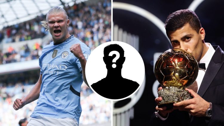 Split Image of Erling Haaland of Manchester City celebrating (left) and Rodri holding the Ballon d'Or trophy (right) with inset of mystery player (...