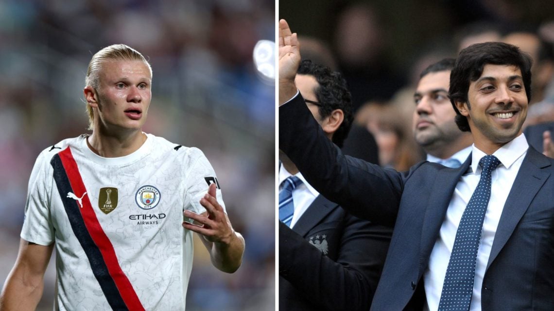 Split Image of Erling Haaland of Manchester City looking on (left) and Sheikh Mansour smiling (right)