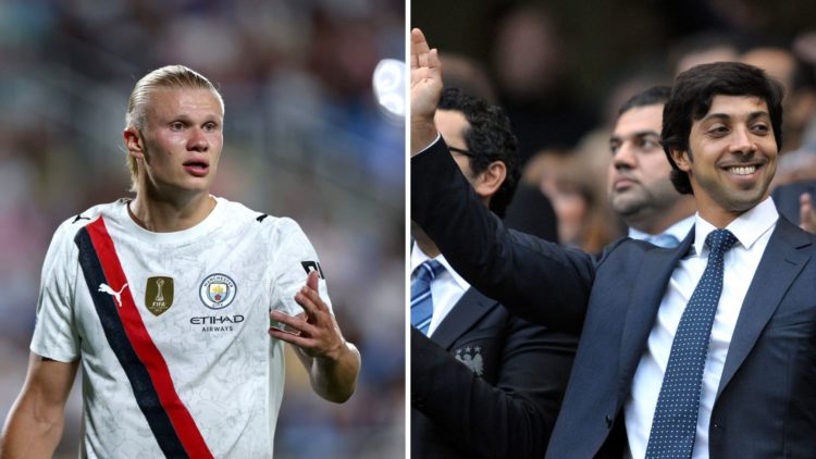 Split Image of Erling Haaland of Manchester City looking on (left) and Sheikh Mansour smiling (right)
