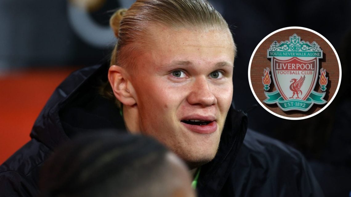 Manchester City's Erling Haaland smiling on the bench (main image) with inset of Liverpool badge (top right)