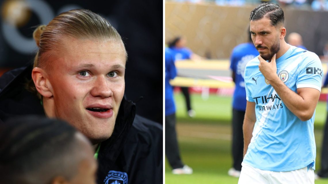 Split Image of Erling Haaland smiling (left) and Rayan Cherki looking on ahead of Manchester City's FIFA Club World Cup match against Wydad AC (right)