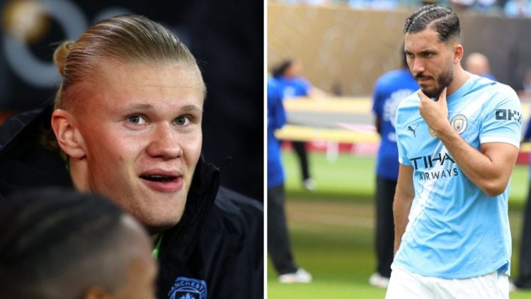 Split Image of Erling Haaland smiling (left) and Rayan Cherki looking on ahead of Manchester City's FIFA Club World Cup match against Wydad AC (right)