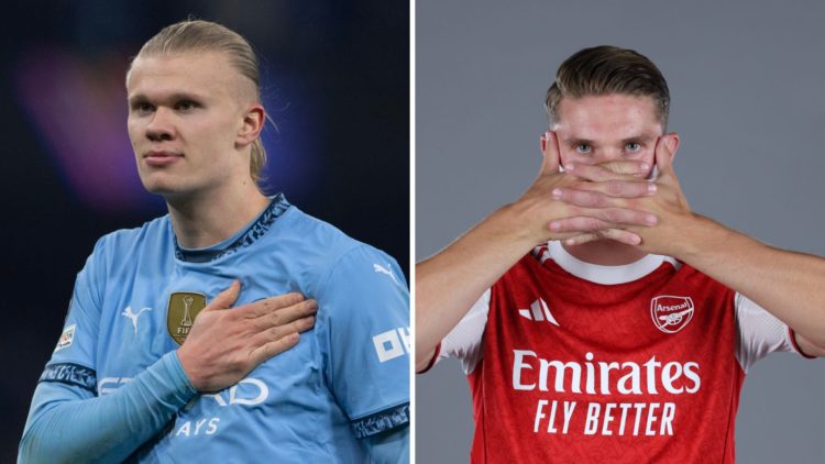 Split Image of Manchester City's Erling Haaland celebrating (left) and Viktor Gyokeres of Arsenal celebrating (right)