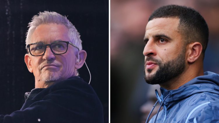 Split Image of Gary Lineker looking on (left) and Kyle Walker walking on to the pitch before Manchester City's Premier League match against Arsenal...