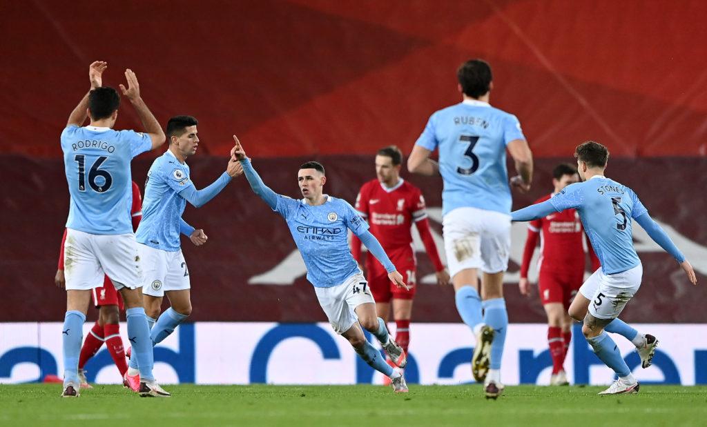 Phil Foden celebrates his goal in Liverpool v Manchester City.