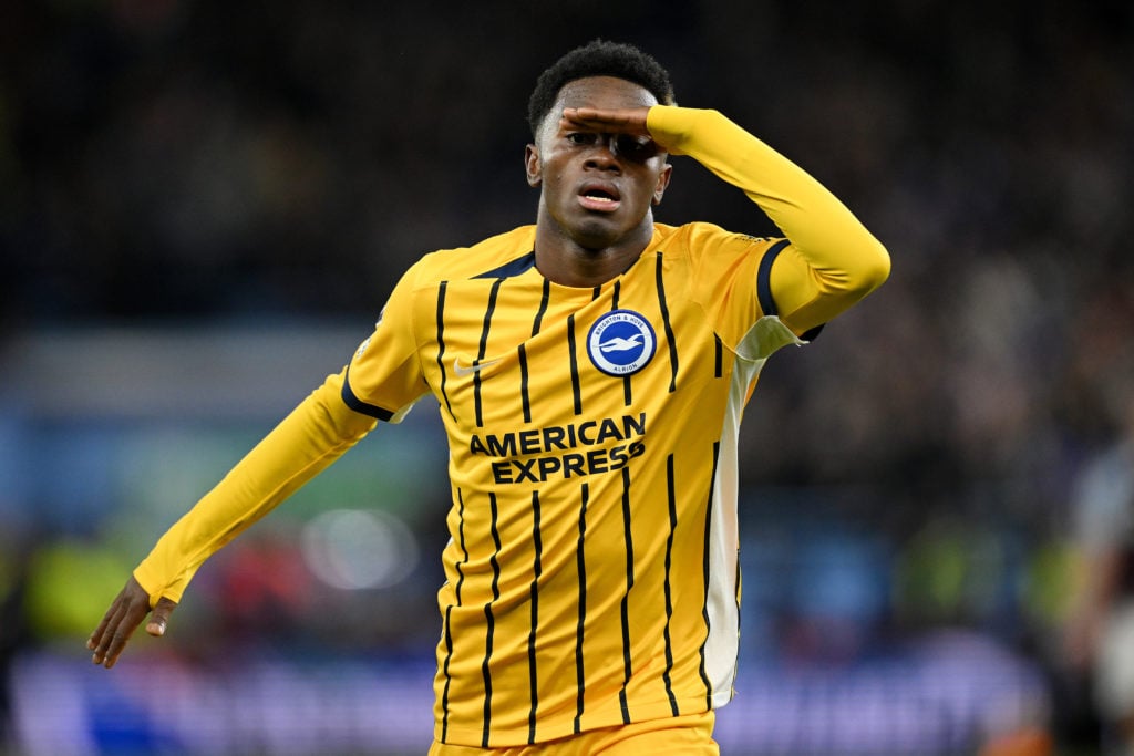 Simon Adingra celebrating a goal during Aston Villa v Brighton.