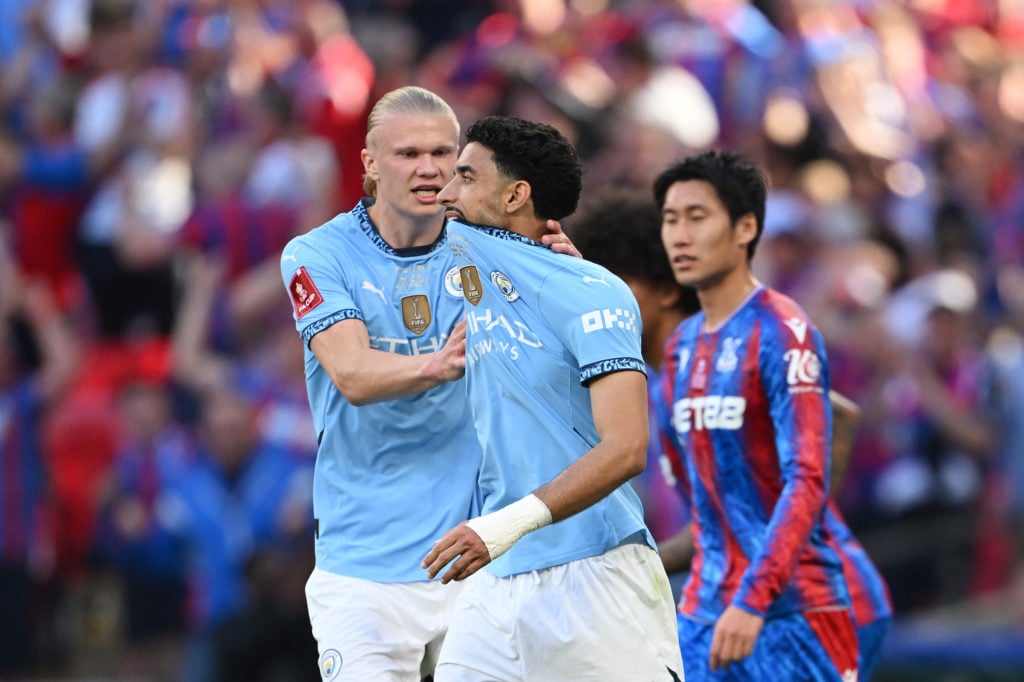 Erling Haaland consoles Omar Marmoush after penalty miss in Crystal Palace v Manchester City.