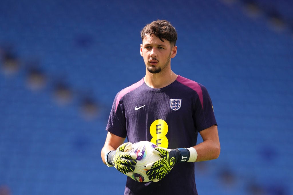 James Trafford of England looks on during the pre-match warm up prior to the FIFA World Cup 2026 European Qualifier match between Andorra and England at RCDE Stadium on June 07, 2025