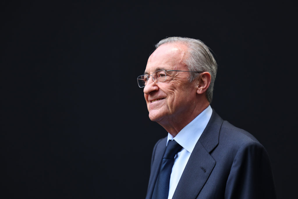 Real Madrid president Florentino Perez smiles.