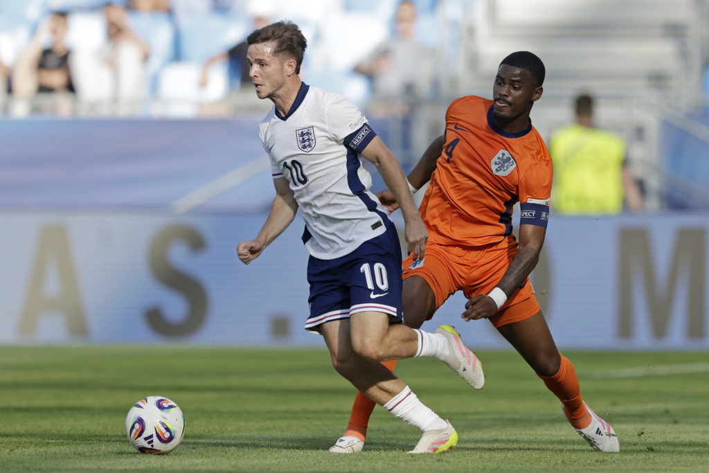 Jorrel Hato and James McAtee in action during England vs Netherlands U-21's match