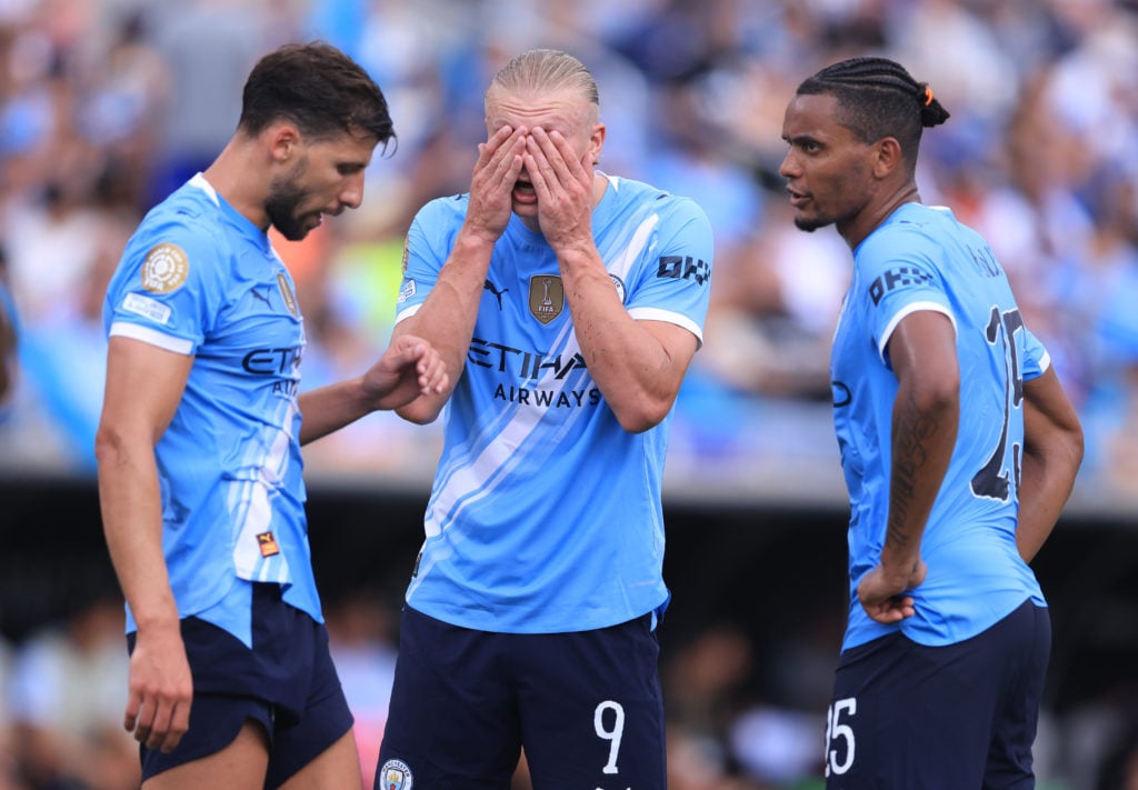 Manuel Akanji and Manchester City players look dejected during a FIFA Club World Cup clash against Juventus.