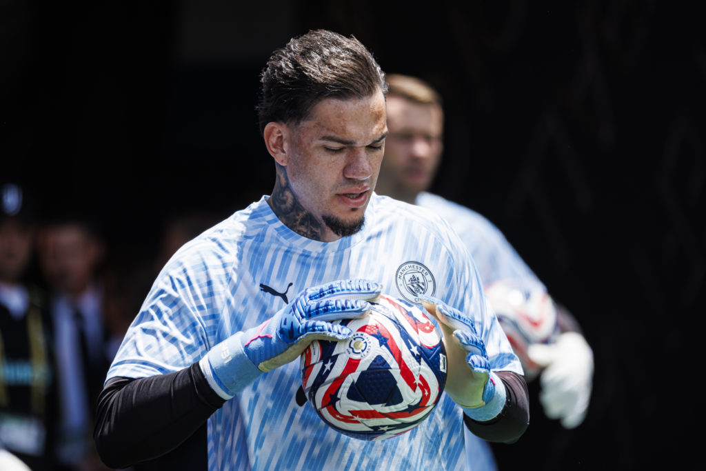 Ederson warming up ahead of Juventus v Manchester City.