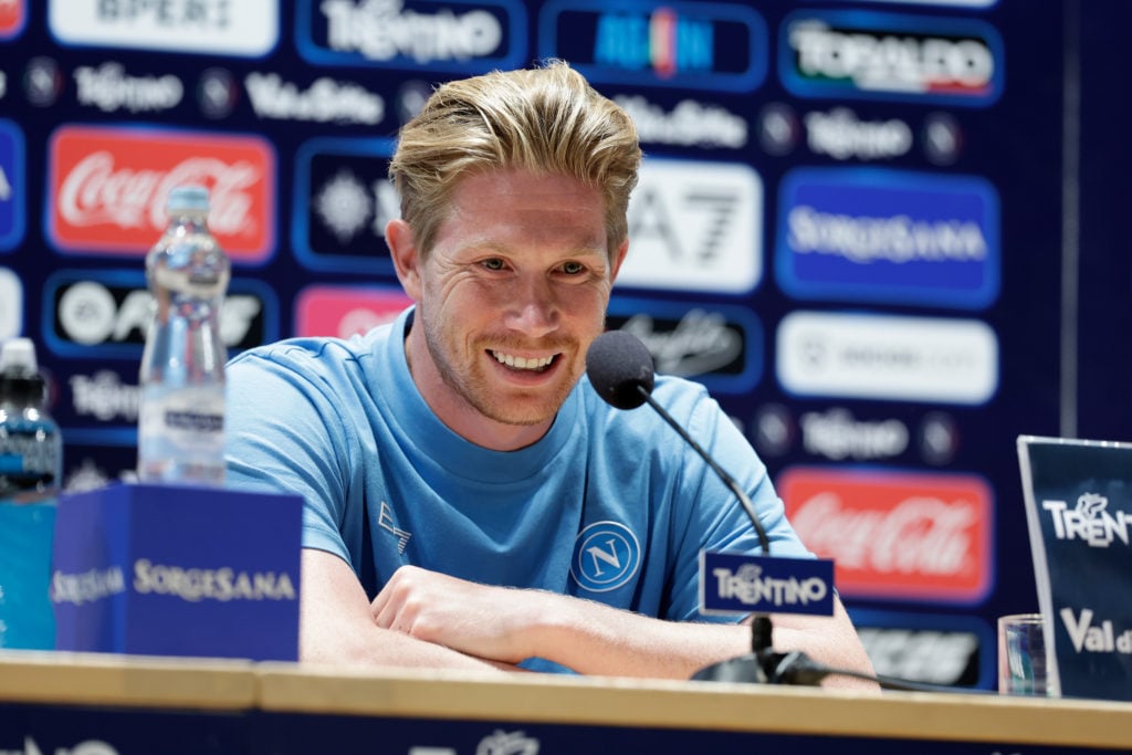 Kevin De Bruyne of Napoli smiling during a press conference
