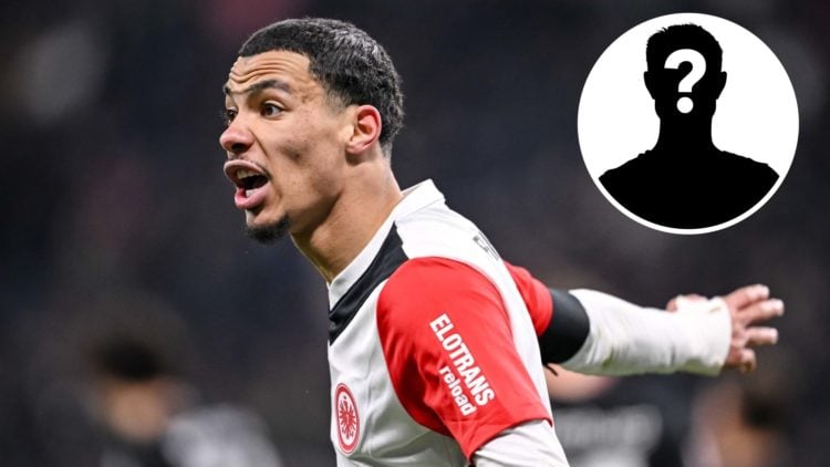 Eintracht Frankfurt's Hugo Ekitike shouting (main image) with inset of mystery player (top right corner)