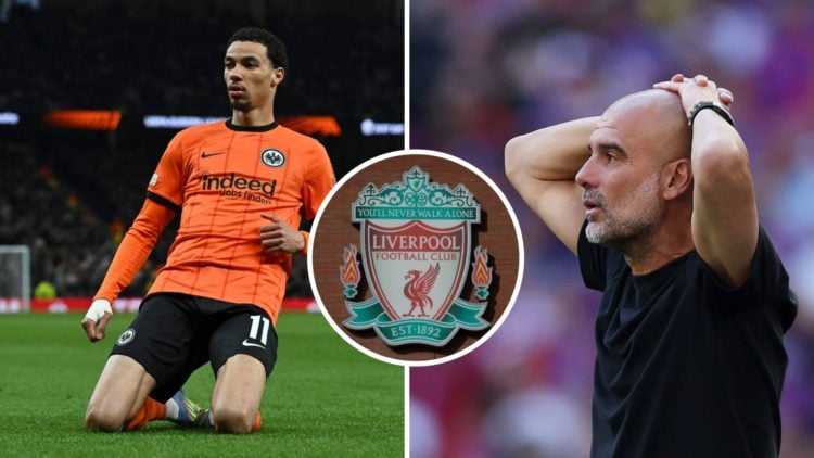 Split Image of Hugo Ekitike celebrating (left) and Pep Guardiola looking worried (right) with inset of Liverpool badge (middle)