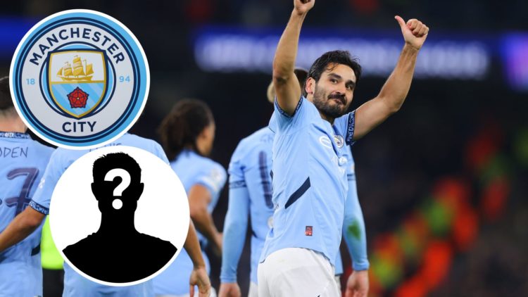 Ilkay Gundogan of Manchester City celebrating (main image) with insets of mystery player (bottom left corner) and Manchester City badge (top left c...