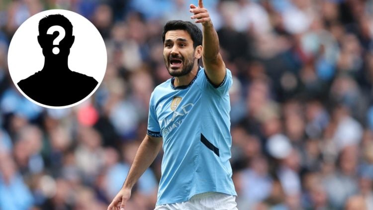 Ilkay Gundogan pointing during Manchester City's Premier League match against Ipswich Town with inset of mystery player (top left corner)