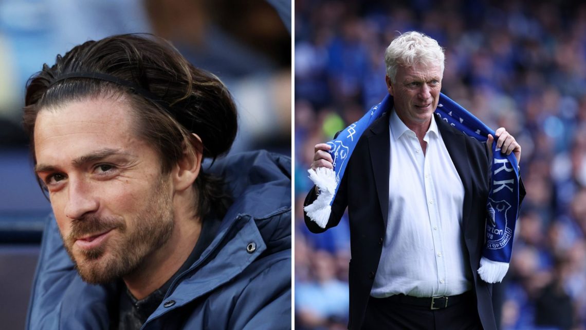 Split Image of Jack Grealish of Manchester City smiling (right) and David Moyes looking on with an Everton scarf around his neck (left)