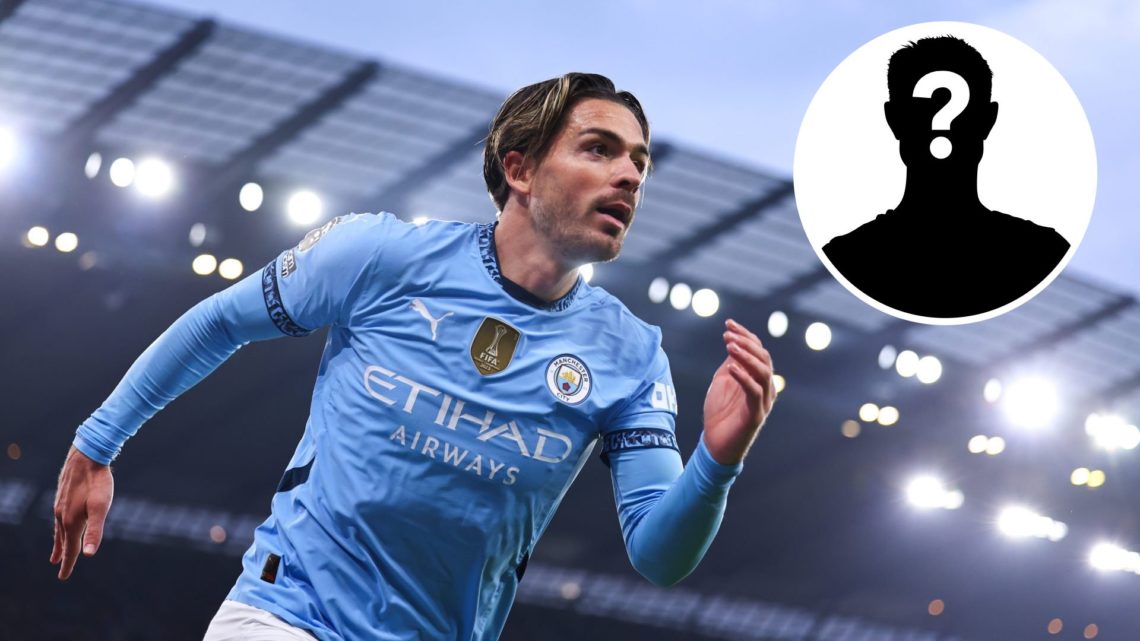 Manchester City's Jack Grealish running during Premier League match against Arsenal with inset of mystery player (top right corner)
