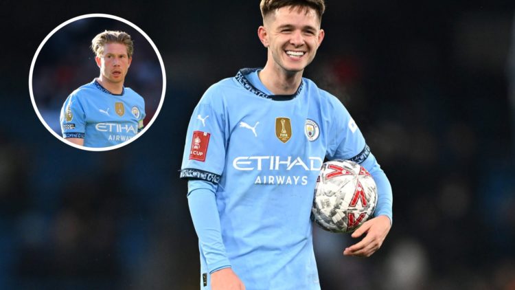 James McAtee smiling after Manchester City's FA Cup match against Salford City (main image) with inset of Kevin De Bruyne in action (top left corner)