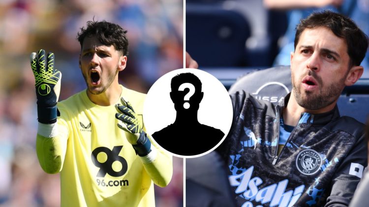 Split Image of James Trafford of Burnley shouting (left) and Bernardo Silva of Manchester City pointing (right) with inset of mystery player (middle)