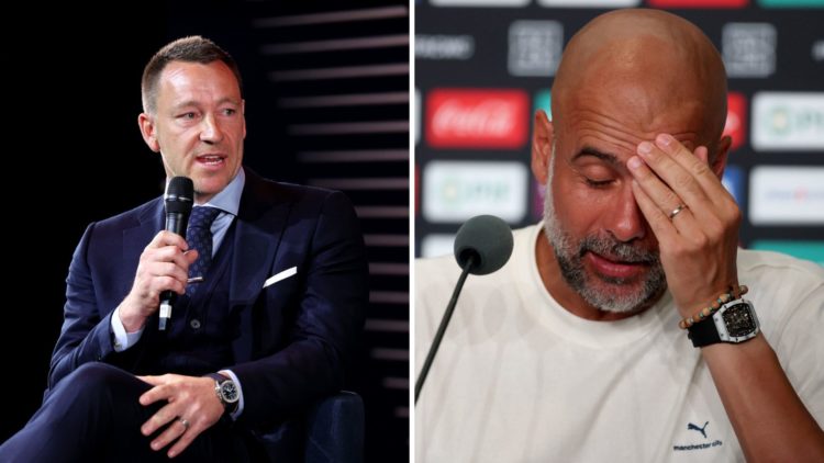 Split Image of John Terry speaking during the Premier League Hall of Fame 2024 Inductions (left) and Pep Guardiola looking frustrated (right)