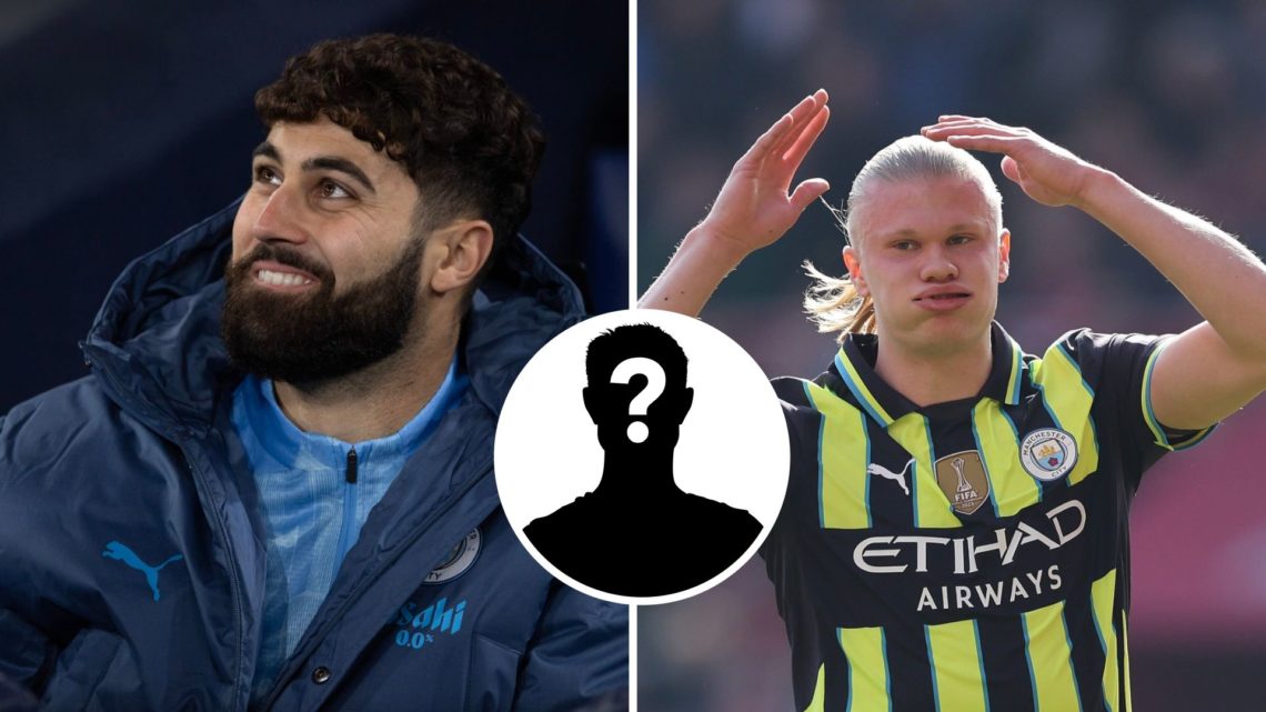 Split Image of Manchester City's Josko Gvardiol smiling (left) and Erling Haaland looking frustrated (right) with inset of mystery player (middle)