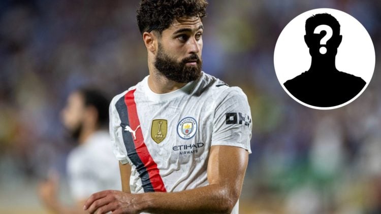 Josko Gvardiol looking on during Manchester City's FIFA Club World Cup match against Al-Hilal (main image) with inset of mystery player (top right ...