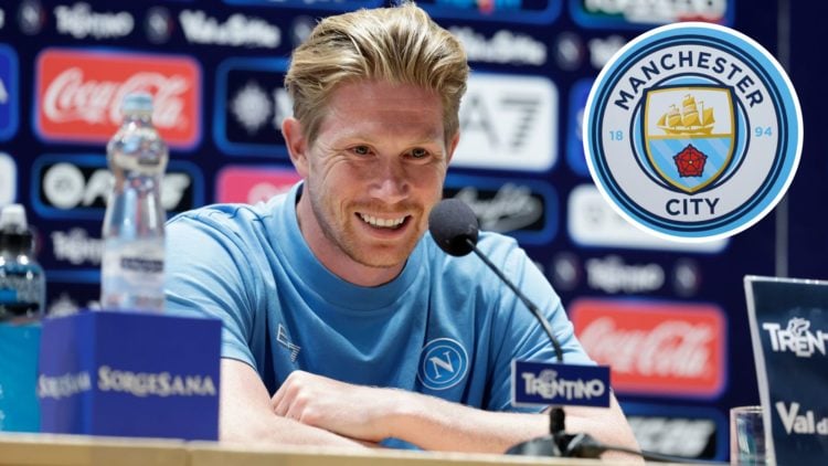 Kevin De Bruyne of Napoli smiling (main image) with inset of Manchester City badge (top right corner)