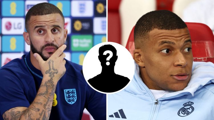 Split Image of Kyle Walker attending a press conference (right) and Real Madrid's Kylian Mbappe looking on (left) with inset of mystery player (mid...