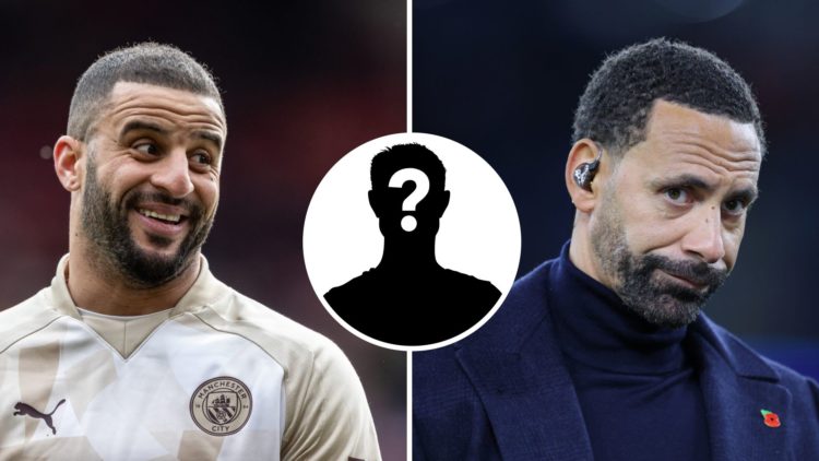Split Image of Kyle Walker of Manchester City smiling (left) and Rio Ferdinand looking concerned (right) with inset of mystery player