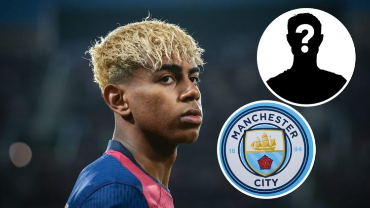 Lamine Yamal of Barcelona looking straight on (main image) with insets of mystery player (top right corner) and Manchester City badge (bottom right...