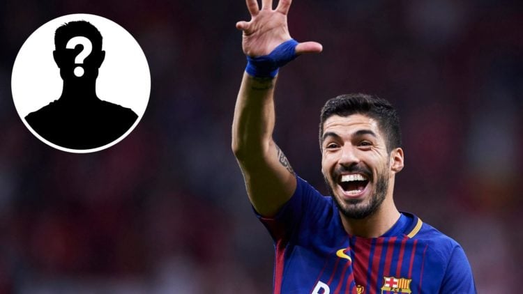 Luis Suarez of Barcelona smiling (main image) with inset of mystery player (top left corner)