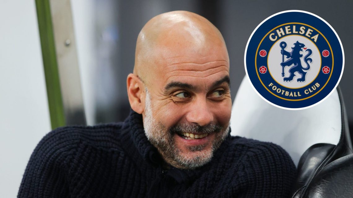 Manchester City manager Pep Guardiola grinning (main image) with inset of Chelsea badge (top right corner)
