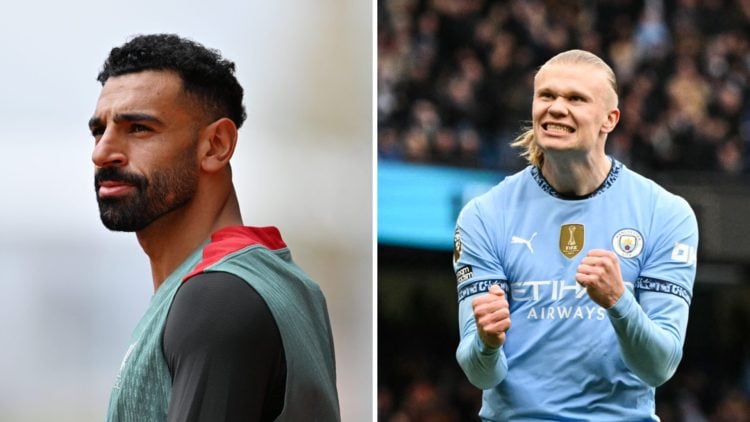 Split Image of Liverpool's Mohamed Salah looking on (left) and Manchester City's Erling Haaland celebrating (right)