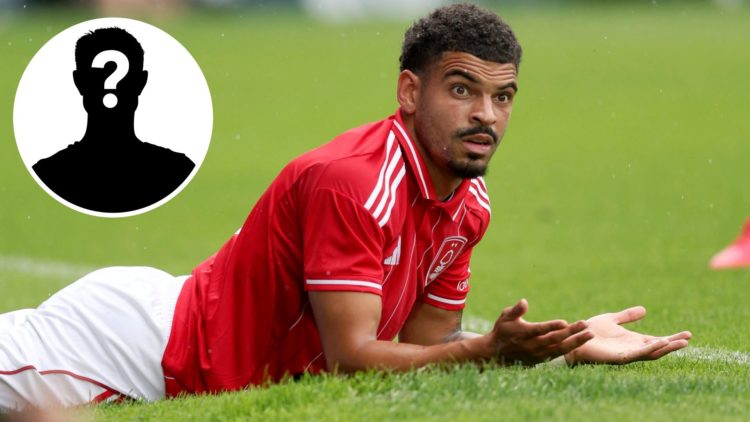 Morgan Gibbs-White of Nottingham Forest looking stunned (main image) with inset of mystery player (top left corner)