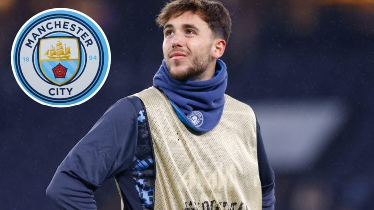 Nico Gonzalez smiling before Champions League match against Real Madrid (main image) with inset of Manchester City badge (top left corner)