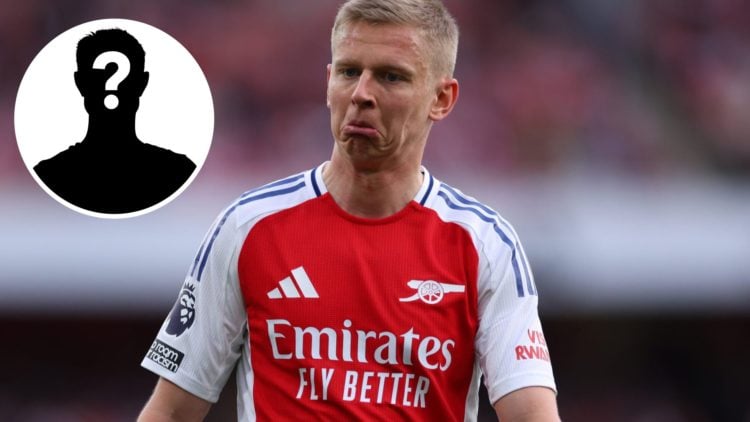 Oleksandr Zinchenko looking shocked during Arsenal's Premier League match against Brentford (main image) with inset of mystery player (top left cor...