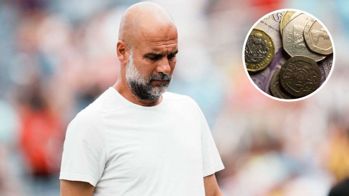 Pep Guardiola looking downwards during Manchester City's game against Al-Hilal (main image) with inset of English pound coins (top right corner)