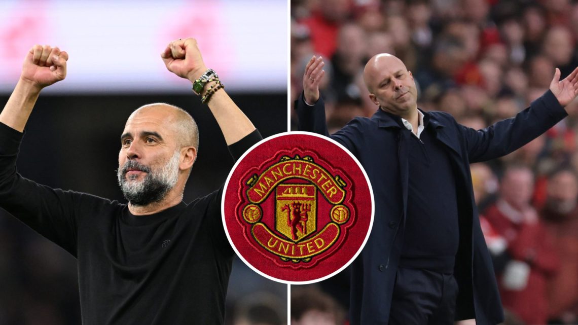 Split Image of Manchester City's Pep Guardiola celebrating (left) and Arne Slot of Liverpool with his arms up (right) with inset of Manchester Unit...