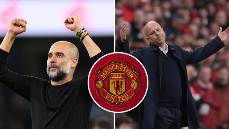Split Image of Manchester City's Pep Guardiola celebrating (left) and Arne Slot of Liverpool with his arms up (right) with inset of Manchester Unit...