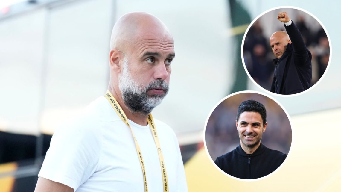 Pep Guardiola looking worried (main image) with insets of Liverpool manager Arne Slot celebrating (top right corner) and Mikel Arteta of Arsenal sm...