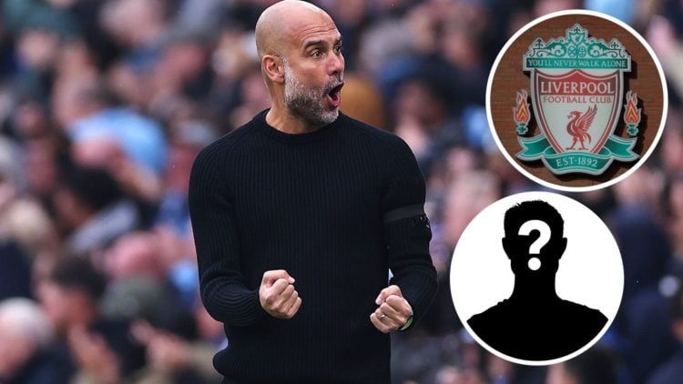 Pep Guardiola of Manchester City celebrating (main image) with insets of mystery player and Liverpool badge