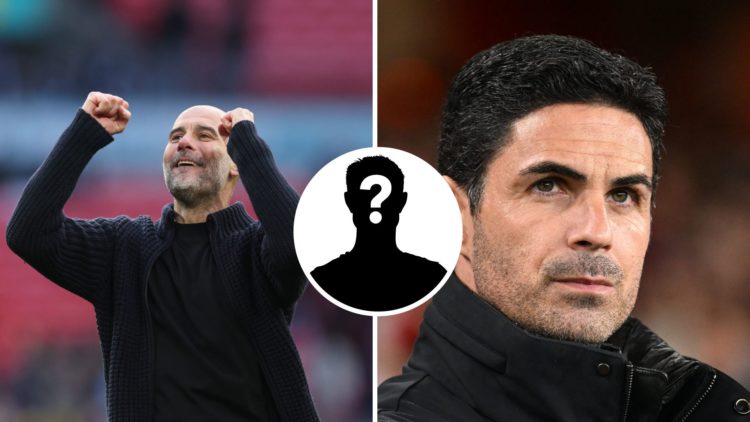 Split Image of Manchester City's Pep Guardiola celebrating (left) and Arsenal manager Mikel Arteta looking on (right) with inset of mystery player ...
