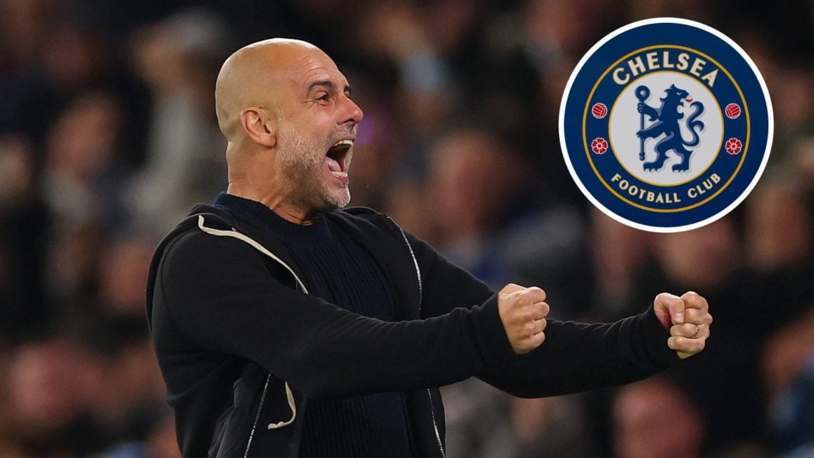 Pep Guardiola celebrating during Manchester City's win against Aston Villa (main image) with inset of Chelsea badge (top right corner)