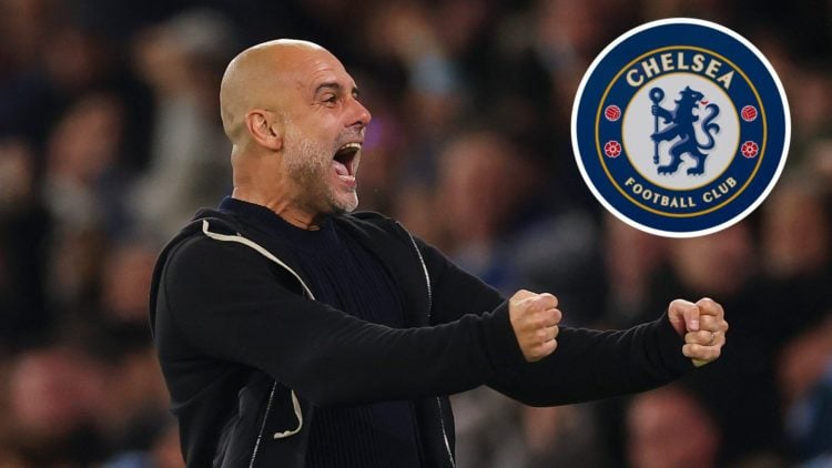 Pep Guardiola celebrating during Manchester City's win against Aston Villa (main image) with inset of Chelsea badge (top right corner)