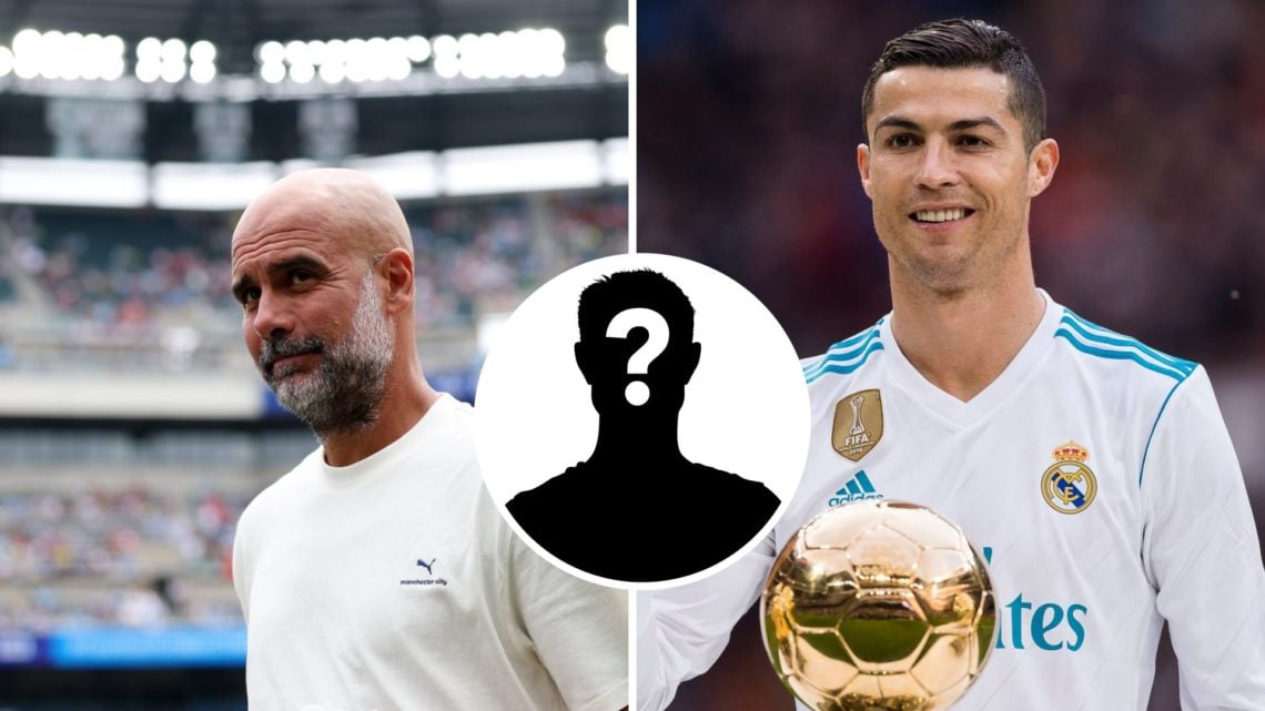 Split Image of Manchester City manager Pep Guardiola looking on (right) and Cristiano Ronaldo smiling in a Real Madrid shirt (left) with mystery pl...